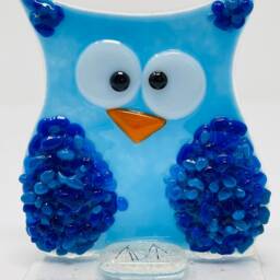 Fused Glass Owl Sculpture Turquoise Blue Freestanding Owl, Handmade - thumbnail 3