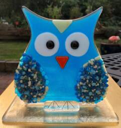 Fused Glass Owl Sculpture Turquoise Blue Freestanding Owl, Handmade - thumbnail 1