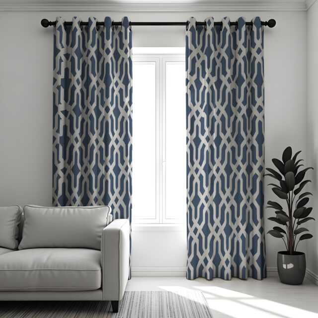 Blue Lattice Curtains, Contemporary Geometric Print Drapes, Custom Made Window Panels For Stylish Home Interiors - image 1