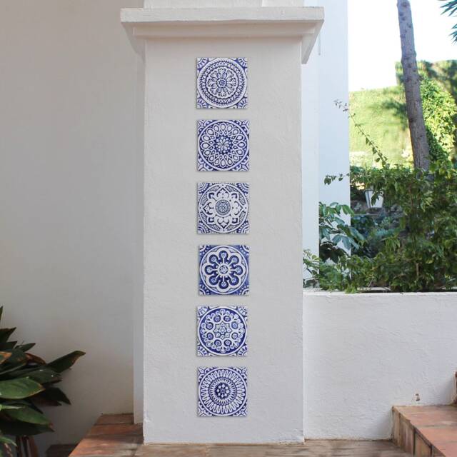 6 Handmade Ceramic Tile Set Blue & White Mandala Wall Art - 20cm/7.9 - image 1