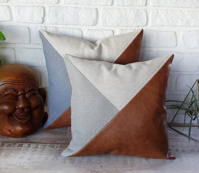 Santana Cognac-Light Blue Or Gray-Natural Linen Color Triangle Diagonal Design Pillow Cover/Housewarming Gift-1Pcs - image 1