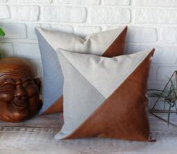 Santana Cognac-Light Blue Or Gray-Natural Linen Color Triangle Diagonal Design Pillow Cover/Housewarming Gift-1Pcs - thumbnail 1