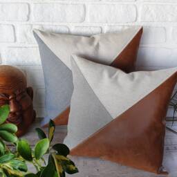 Santana Cognac-Light Blue Or Gray-Natural Linen Color Triangle Diagonal Design Pillow Cover/Housewarming Gift-1Pcs - thumbnail 2
