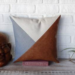 Santana Cognac-Light Blue Or Gray-Natural Linen Color Triangle Diagonal Design Pillow Cover/Housewarming Gift-1Pcs - thumbnail 3