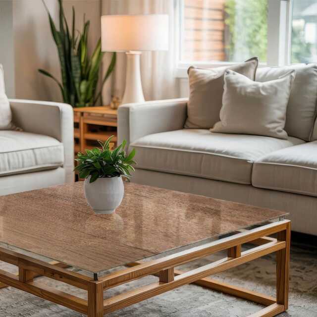 Natural Wood Pattern Glass Table Top, Brown Cover, Scratch-Resistant Layer, Modern Tabletop - image 1