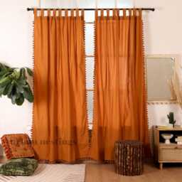Terracotta Cotton Curtains Boho Fringed Semi-Sheer Window Treatment - thumbnail 1