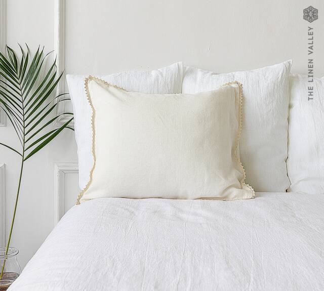 Off White Linen Pillow Case With Lace - Softened Off Pillow - Standard, Queen, King Sizes - image 1