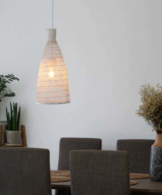 Handmade Whitewashed Bamboo Pendant Light - Boho Woven Lamp - image 1