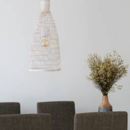 Handmade Whitewashed Bamboo Pendant Light - Boho Woven Lamp - thumbnail 2