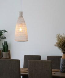 Handmade Whitewashed Bamboo Pendant Light - Boho Woven Lamp - thumbnail 1