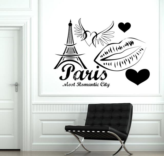 Wall Decal Paris France Eiffel Tower Heart Wing Love Romantic Vinyl Sticker 1831Dz - image 1