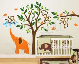 Tree Children Nursery Kid Branch Monkeys & Elephant Wall Decal Sticker Home Decor - thumbnail 1