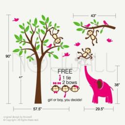 Tree Children Nursery Kid Branch Monkeys & Elephant Wall Decal Sticker Home Decor - thumbnail 3