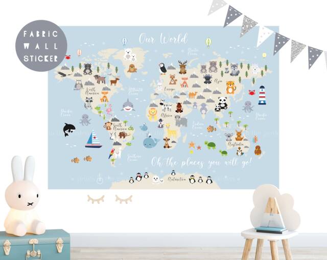 Animal World Map Fabric Wall Sticker Nursery Art - image 1