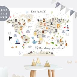 Animal World Map Fabric Wall Sticker Nursery Art - thumbnail 4