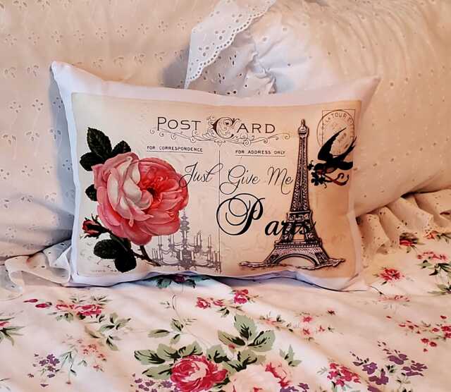 Romantic Just Give Me Paris Postcard Lumbar Throw Pillow, Decorative French Chateaucore Pillow With Eiffel Tower, Handmade To Order - image 1