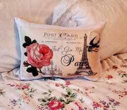 Romantic Just Give Me Paris Postcard Lumbar Throw Pillow, Decorative French Chateaucore Pillow With Eiffel Tower, Handmade To Order - thumbnail 1