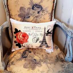 Romantic Just Give Me Paris Postcard Lumbar Throw Pillow, Decorative French Chateaucore Pillow With Eiffel Tower, Handmade To Order - thumbnail 2