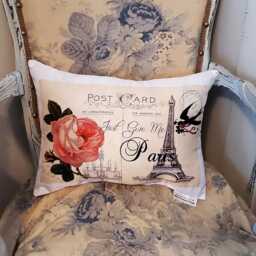 Romantic Just Give Me Paris Postcard Lumbar Throw Pillow, Decorative French Chateaucore Pillow With Eiffel Tower, Handmade To Order - thumbnail 3