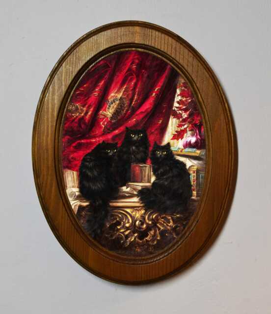 Carl Kahler Three Black Cats Art Print, Oval Oak Frame - image 1