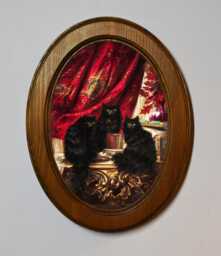 Carl Kahler Three Black Cats Art Print, Oval Oak Frame