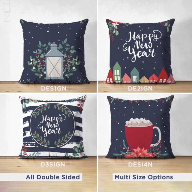 Navy Blue & Red Happy New Year Themed Soft Suede Cushion Covers - 4 Options Double Sided Christmas Pillow Multi-Sizes Oeko-Tex - image 1