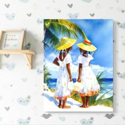 Black Girls Artwork Of Sisters On Caribbean Beach Bright Summer Wall Art For House - thumbnail 3