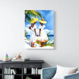 Black Girls Artwork Of Sisters On Caribbean Beach Bright Summer Wall Art For House - thumbnail 2