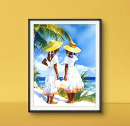 Black Girls Artwork Of Sisters On Caribbean Beach Bright Summer Wall Art For House - thumbnail 1