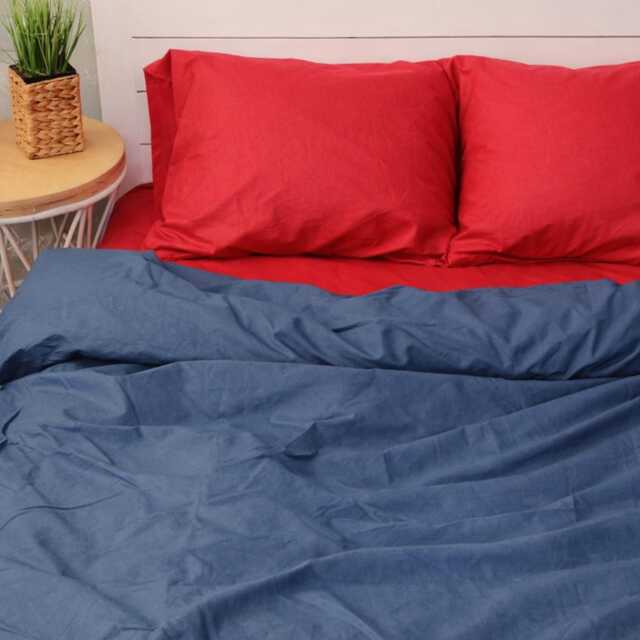 Cotton Bedding Set Of 5 Pieces in Blue & Red. Flat Sheet, Fitted Duvet Cover + 2 Pillowcases. Twin Full Queen Au Eu Bed Linen - image 1