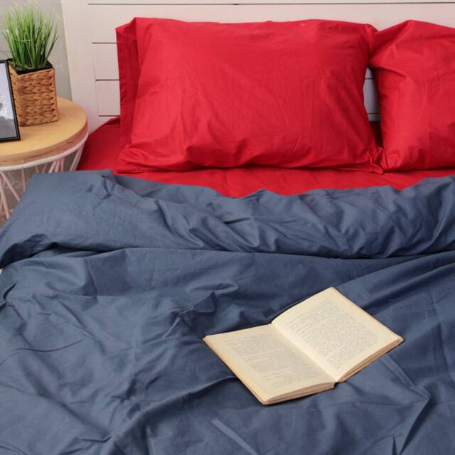 Cotton Bedding Set Of 5 Pieces in Blue & Red. Flat Sheet, Fitted Duvet Cover + 2 Pillowcases. Twin Full Queen Au Eu Bed Linen - image 1