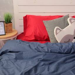 Cotton Bedding Set Of 5 Pieces in Blue & Red. Flat Sheet, Fitted Duvet Cover + 2 Pillowcases. Twin Full Queen Au Eu Bed Linen - thumbnail 3