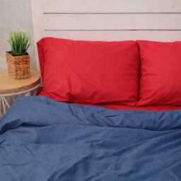 Cotton Bedding Set Of 5 Pieces in Blue & Red. Flat Sheet, Fitted Duvet Cover + 2 Pillowcases. Twin Full Queen Au Eu Bed Linen - thumbnail 3