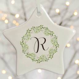 Personalized Initial Christmas Ornament Watercolor Wreath Ceramic Keepsake