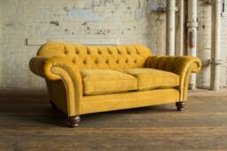 2 Seater Mustard Velvet Fabric Chesterfield Sofa, British Handmade - thumbnail 1