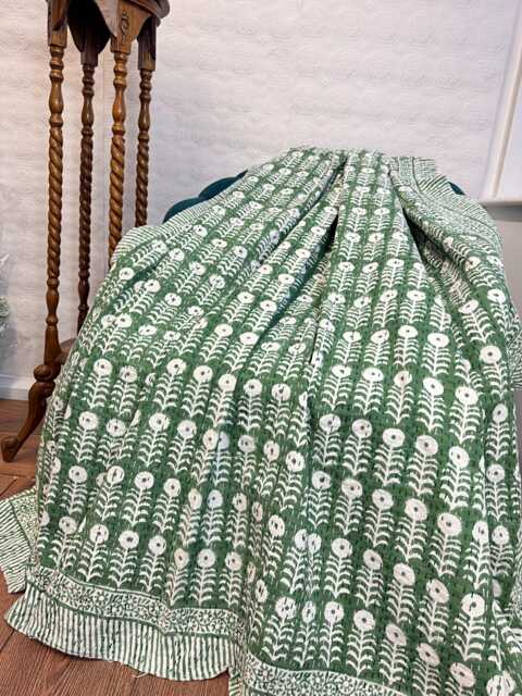 Kantha Stitch Pure Cotton Reversible Bed/Sofa Throw King Size - Handmade Handprinted Floral Dohar Green Petal Country Farm - image 1