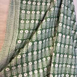 Kantha Stitch Pure Cotton Reversible Bed/Sofa Throw King Size - Handmade Handprinted Floral Dohar Green Petal Country Farm - thumbnail 2