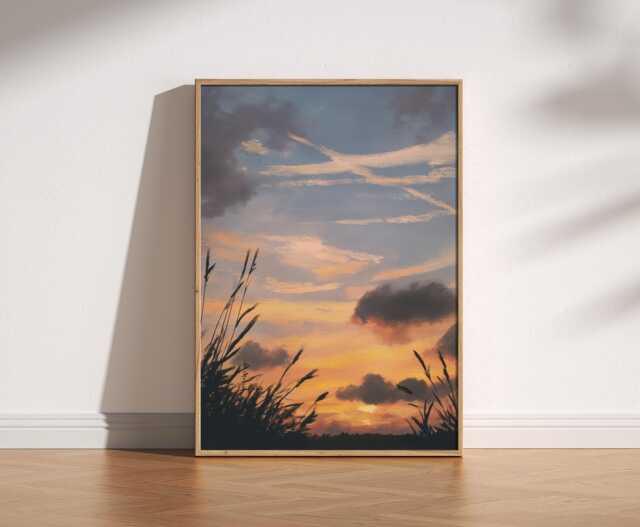 Mid Century Dreamy Dusk Sunset & Clouds Wall Art, Retro Landscape Scene Print, Warm Poster, Vintage Inspired Modern Art - image 1