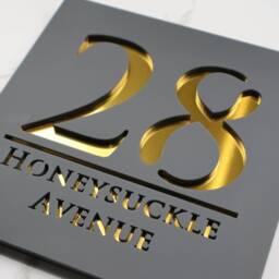 K Smart Sign - Bellissima S1 Laser Cut Matt Grey & Gold Mirror Floating House Door Numbers Plaques 180mm X 180mm - thumbnail 2