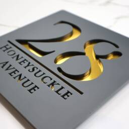 K Smart Sign - Bellissima S1 Laser Cut Matt Grey & Gold Mirror Floating House Door Numbers Plaques 180mm X 180mm - thumbnail 1