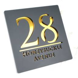 K Smart Sign - Bellissima S1 Laser Cut Matt Grey & Gold Mirror Floating House Door Numbers Plaques 180mm X 180mm - thumbnail 3