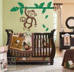 Jungle Monkey Holding Branch With Leaves - Large Vinyl Wall Decal For Kids
