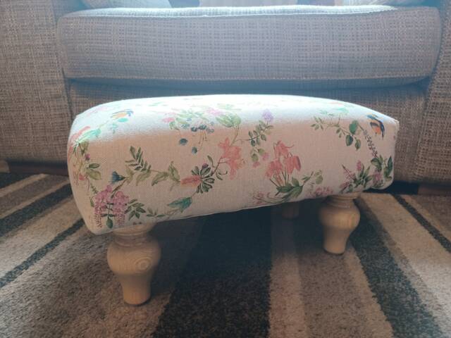 Hand Crafted Small Footstool in A Bee & Flower Material With Neutral Background Tulip Style Feet - image 1
