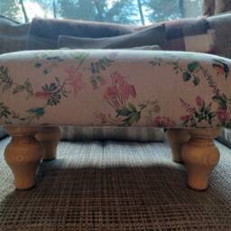 Hand Crafted Small Footstool in A Bee & Flower Material With Neutral Background Tulip Style Feet - thumbnail 2