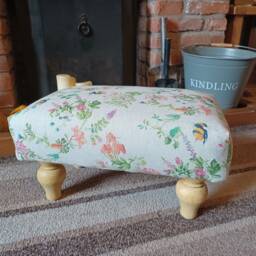 Hand Crafted Small Footstool in A Bee & Flower Material With Neutral Background Tulip Style Feet - thumbnail 3