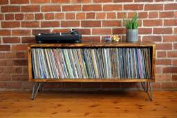 Mid Century Modern Vinyl Storage Unit With Hairpin Legs & Charred Finish