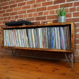 Mid Century Modern Vinyl Storage Unit With Hairpin Legs & Charred Finish - thumbnail 2