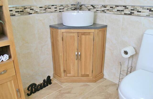 Bathroom Vanity Unit Oak Corner Wash Stand Grey Quartz & Ceramic Basin 501Bgqcbc - image 1