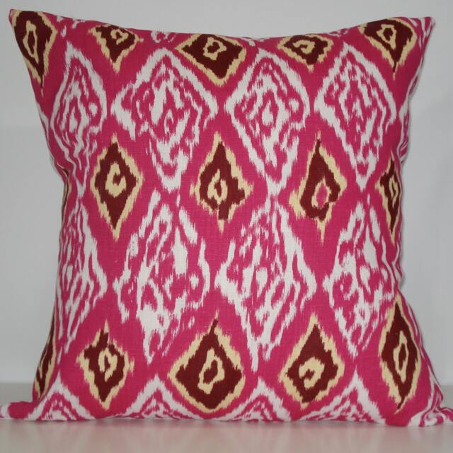 New 18x18 Inch Designer Handmade Pillow Case in Ikat, Pink, White, Maroon & Yellow