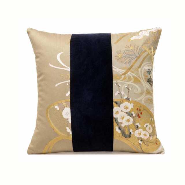 Japanese Silk & Velvet Cushion, Crane Bird Embroidered Pillow Cover 18x18, Asian Decor - image 1